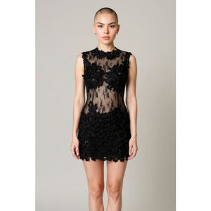 Issue Stunning Black Lace Applique Mini Dress in Black Onyx
